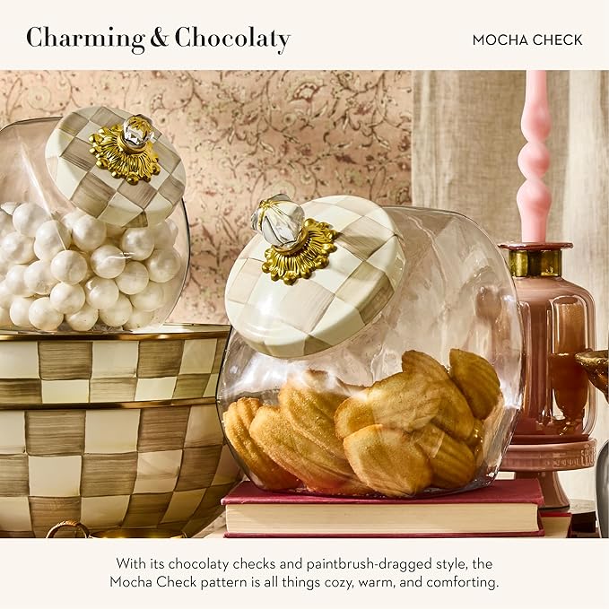 MACKENZIE-CHILDS Cookie Jar with Enamel Lid, Large Glass Treat Jar or Kitchen Jar, 1-Gallon Capacity, Brown-and-White Mocha Check