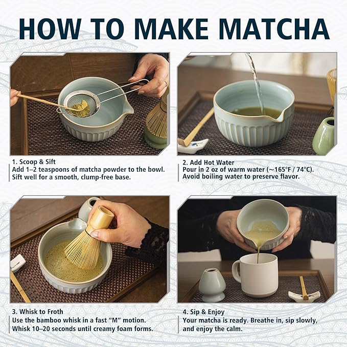 Matcha Whisk Set, Japanese Tea Ceremony Kit, 18oz Spout Bowl, Bamboo Whisk Scoop, Ceramic Holder Sifter Towel,7 pcs Matcha Tea Kit for Matcha Lovers, Christmas, Birthday Gift(Sky Blue)