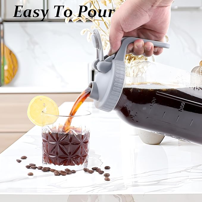 Cold Brew Coffee Maker 64 Oz Mason Jar Cold Brew Pitcher With Strainer Half Gallon Wide Mouth Glass Iced Coffee Maker With Spout Lids 2 Quart Glass Pitcher For Fridge, Sun Tea, Lemonade, Cold Brew