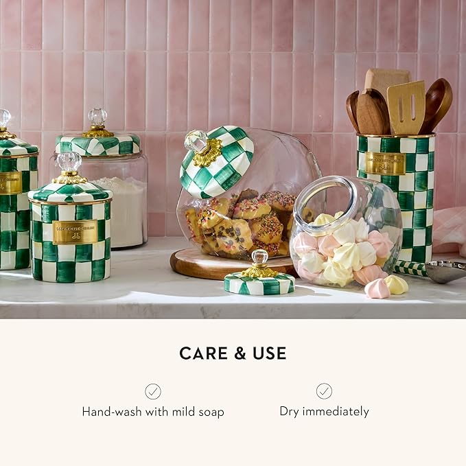 MACKENZIE-CHILDS Cookie Jar with Enamel Lid, Large Glass Treat Jar or Kitchen Jar, 1-Gallon Capacity, Green-and-White Emerald Check