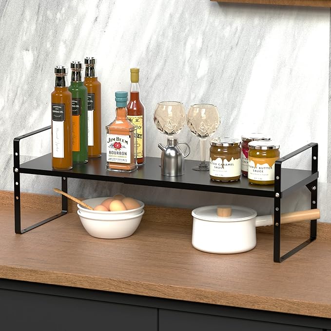 Expandable Kitchen Cabinet Shelf Organizers 3 Pack, Stackable Metal Pantry Storage Shelves Rack, Adjustable Counter Shelf for Cabinets, Countertop, Cupboard Organizers and Storage, Black