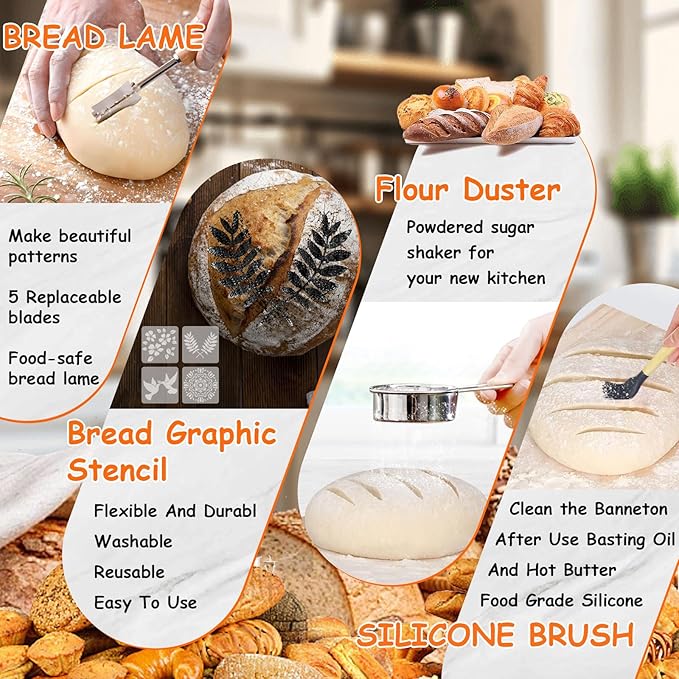 Sourdough Starter Kit, Sourdough Bread Baking Supplies, Cotton Rope Banneton Bread Proofing Basket Set with Sourdough Starter Jar for Bread Making Baking, Sour Dough Kit Tools Gifts for Bakers Women