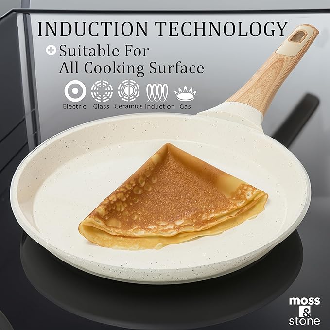 Moss & Stone 9.5-Inch Nonstick Crepe Pan with Spreader – Ceramic Dosa Tawa, Flat Skillet for Roti, Pancakes, Tortillas – Induction Compatible, Nonstick Pancake Pan for Stovetop Use, White