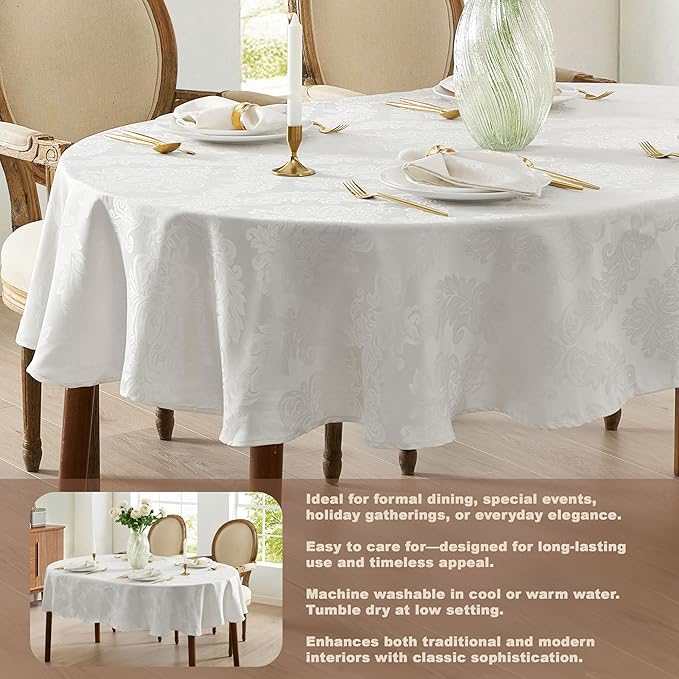 Newbridge Barcelona Luxury Damask Fabric Tablecloth, 60” Wide x 84” Oval, White, 100% Polyester, No Iron, Soil Resistant Dining Room, Party and Banquet Table Cover