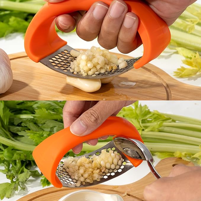 Li&Zhao Stainless Steel Garlic Press Rocker - Garlic Crusher Stainless Steel Garlic Mincer Tool Garlic Rocker with Garlic Peeler Garlic Smasher for Kitchen Cooking(Orange)