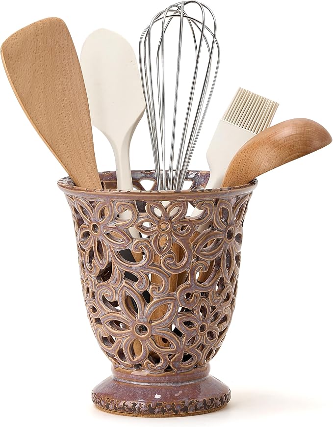Utensil Holder for Kitchen Counter, Modern Farmhouse Cooking Utensil Holder and Crock Home Kitchen Decor, Ceramic Utensil Organizer for Spatula, Ladle, Eggbeater, Rolling Pin- Kiln-Transformed Purple