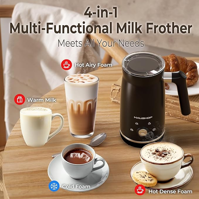 HAUSHOF Electric Milk Frother, 4-in-1 Milk Frother and Steamer, Large Capacity, Automatic Warm and Cold Foam Maker and Milk Warmer for Coffee, Latte, Macchiato, Cappuccino, Hot Chocolate, Black