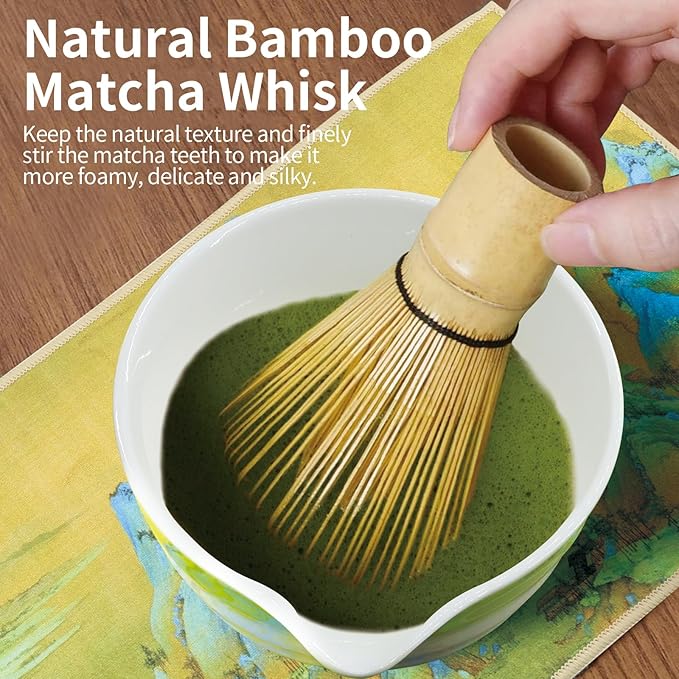 Matcha Whisk Set, 7-Pcs Matcha Set Includes Gradient Ceramic Matcha Bowl and Chasen Holder, Bamboo Whisk, Stainless Sifter, Teaspoon, Tea Towel, Spoon, Matcha Kit for Tea Lovers (Green)
