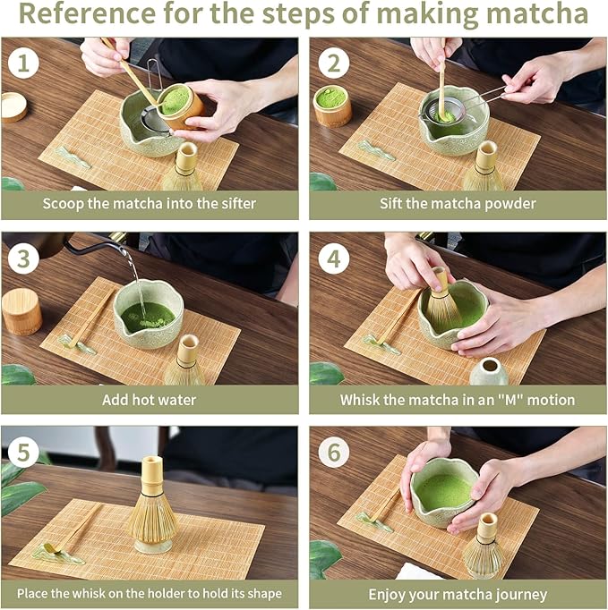 Matcha Whisk Set - Complete 8-Piece Japanese Tea Making Kit With Ceramic Bowl (Chawan), Bamboo Whisk (Chasen), Sifter, Scoop, Holder & Guide - Ideal Gift For Tea Enthusiasts (Mottled Green)