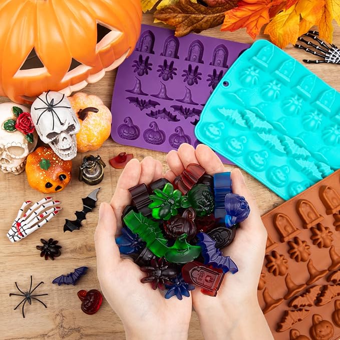 Halloween Chocolate Silicone Mold 3 Pack 3D Pumpkin Bat Witch Hat Spider Tombstone Shaped Candy Molds for Chocolate