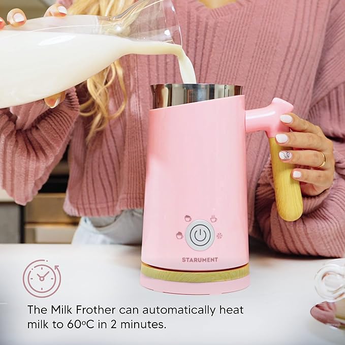 Starument Electric Milk Frother - Automatic Foamer & Heater for Coffee, Latte, Cappuccino, Other Creamy Drinks 4 Settings Cold Foam, Airy Dense Foam Warm Easy to Use, Pink, 8x4x5 inches (MS-MF)