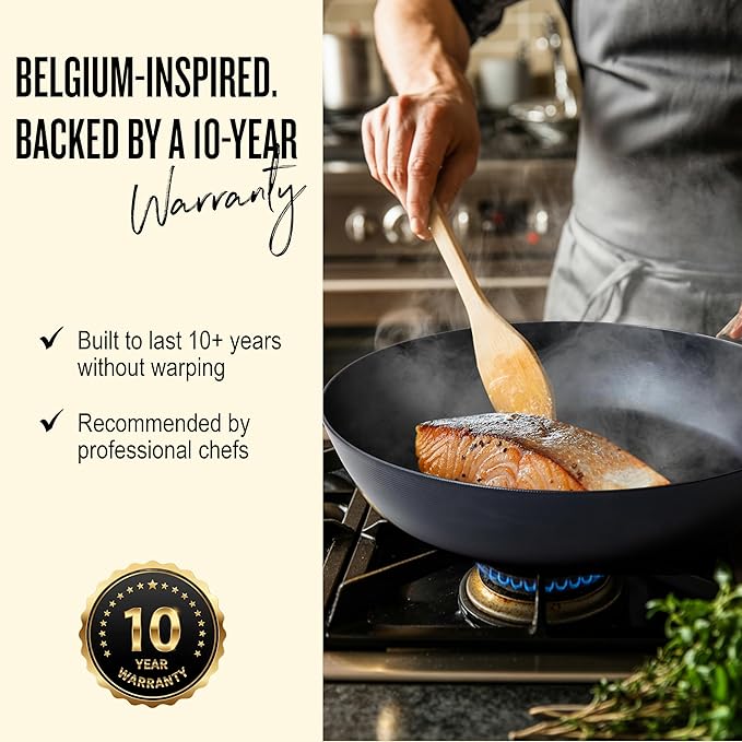 Alva Forest 9.5" Carbon Steel Frying Pan – Naturally Nonstick, Pre-Seasoned, with Acacia Wood Handle, Made Without PTFE, PFOA, PFAS – Sustainable Belgian Design, Induction & All-Stovetop Safe