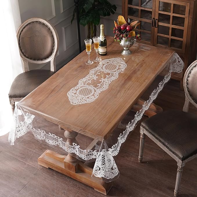 Rectangle Waterproof Clear Table Cover Protector Vinyl Table Cloth Oil Spill Proof Wipe Clean Lace Plastic Tablecloths for Dining Tables (White, 60 x 120 Inches)