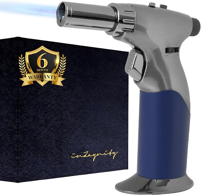 Dual Flame Butane Torch Gun - Refillable Luxury Hand Held Mini Blow Torch for Cooking, Creme Brulee, Soldering, Welding, & Resin Art - Adjustable Flame with Ignition Lock - Steel Blue by inZaynity