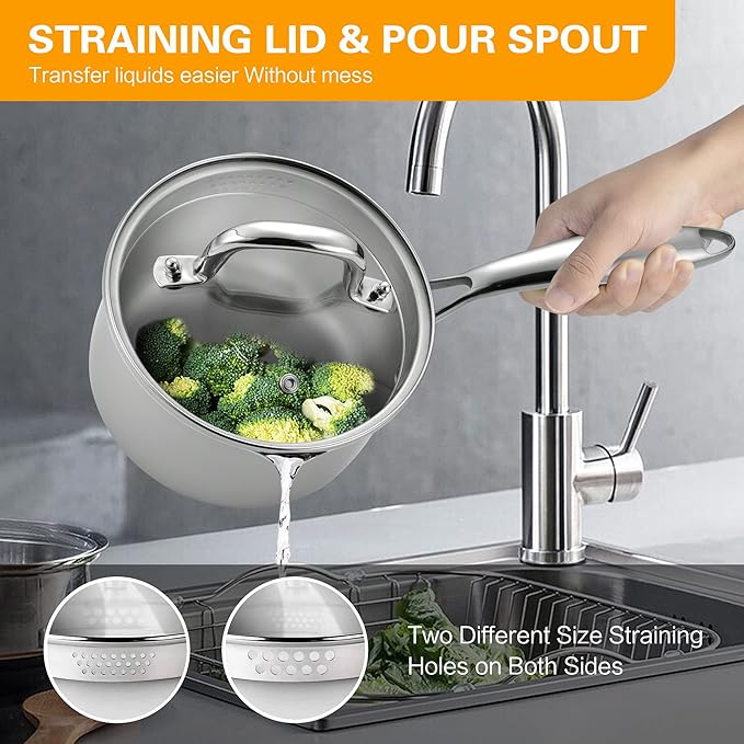 Stainless Steel Saucepan with Tempered Glass Lid, 2.5 Quart Multipurpose Cooking Pot, Sauce Pot for Easy Pour with Ergonomic Handle
