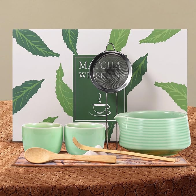 HELPLX Matcha Whisk Set 10-Piece Japanese Matcha Kit with BowlWhisk & Holder2 Tea CupsBamboo ScoopSpoonSifterScoop Rest & Tea Towel – Green Matcha Tea Set for Ceremony or Daily Use