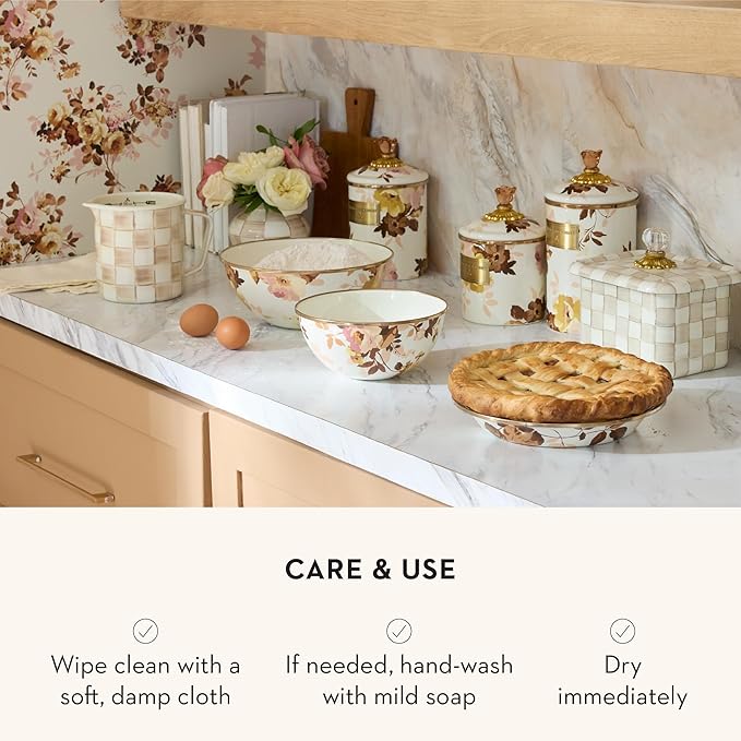 MACKENZIE-CHILDS Enamel Canister, Kitchen Storage Container with Lid, Medium, Wild Rose White