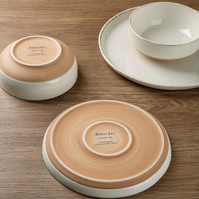 AmorArc Ceramic Dinnerware Sets with Pasta Bowls for 8, Handpainted Plates and Bowls Set with Rustic Terracotta Underside, Scratch Resistant Dishes Set, Dishwasher & Microwave Safe, 32 Pcs