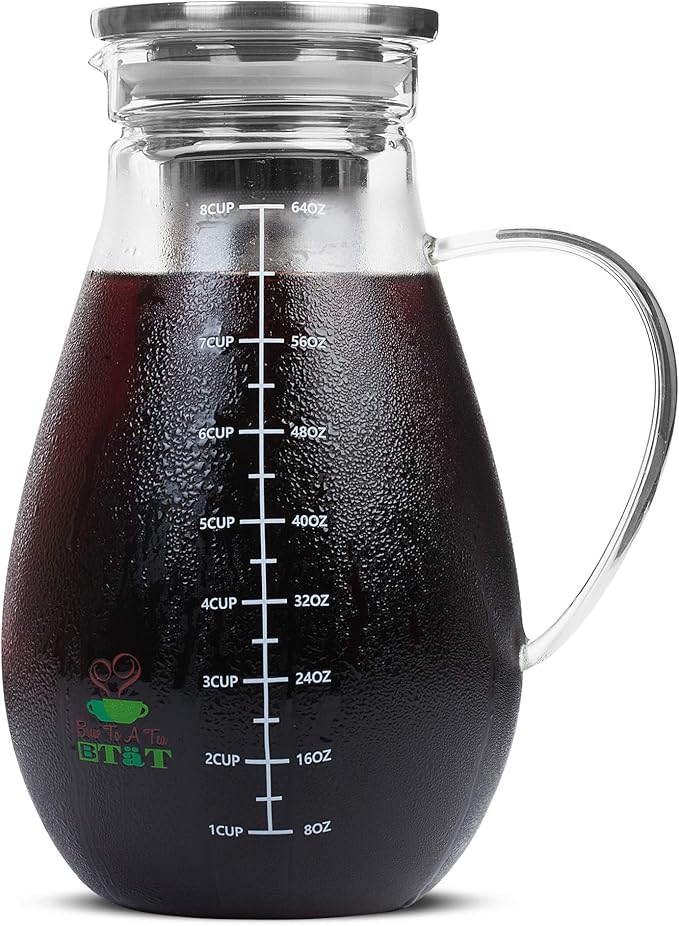 BTaT- Cold Brew Coffee Maker, Iced Coffee Maker, 2 Liter (2 Quart, 64 oz), Iced Tea Maker, Cold Brew Maker, Tea Pitcher, Coffee Accessories, Iced Tea Pitcher, Cold Brew System, Cold Brew Pitcher