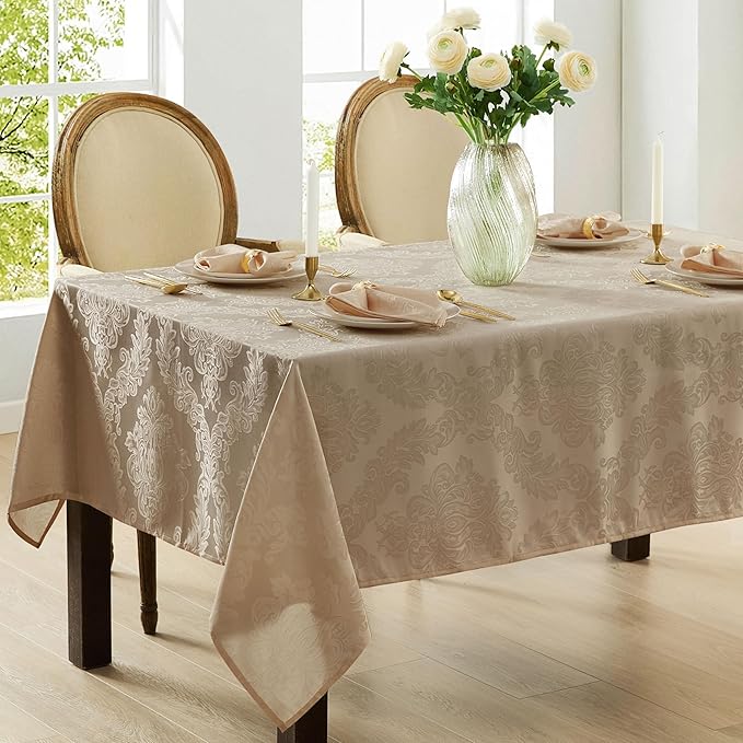 Newbridge Barcelona Luxury Damask Fabric Tablecloth, 60” Wide x 144” Rectangle, Golden Beige, 100% Polyester, No Iron, Soil Resistant Dining Room, Party and Banquet Table Cover