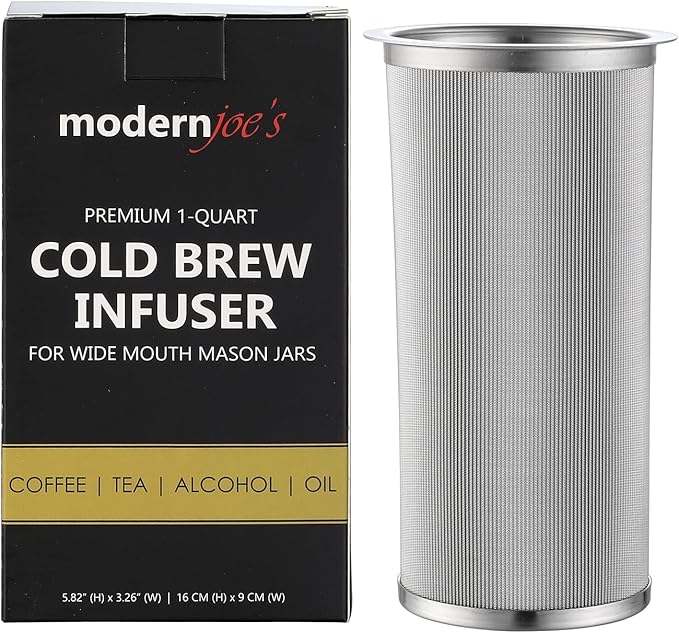 MODERNJOE'S Premium Infuser Cold Brew Coffee Maker for 1 Quart Wide Mouth Mason Jars. Cold Brew Coffee Filter. Iced Coffee and Tea. Heavy Duty Gauge 100 Micron Mesh 304 Stainless Steel