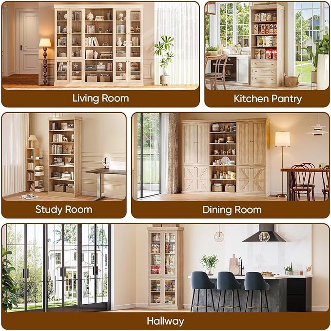 70.8" Tall Bookshelf with Doors, Farmhouse Modular Bookcase with 4-Tier Adjustable Shelves, Large Storage Cabinet for Home Office, Living Room, Brown, Set of 3