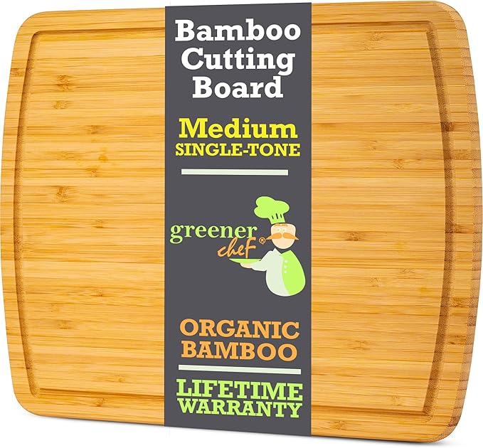 GREENER CHEF 15 Inch Bamboo Cutting Board with Lifetime Replacements - Medium Wooden Chopping Board for Kitchen, Butcher Block, Meat, Vegetables, Charcuterie and Cheese Board