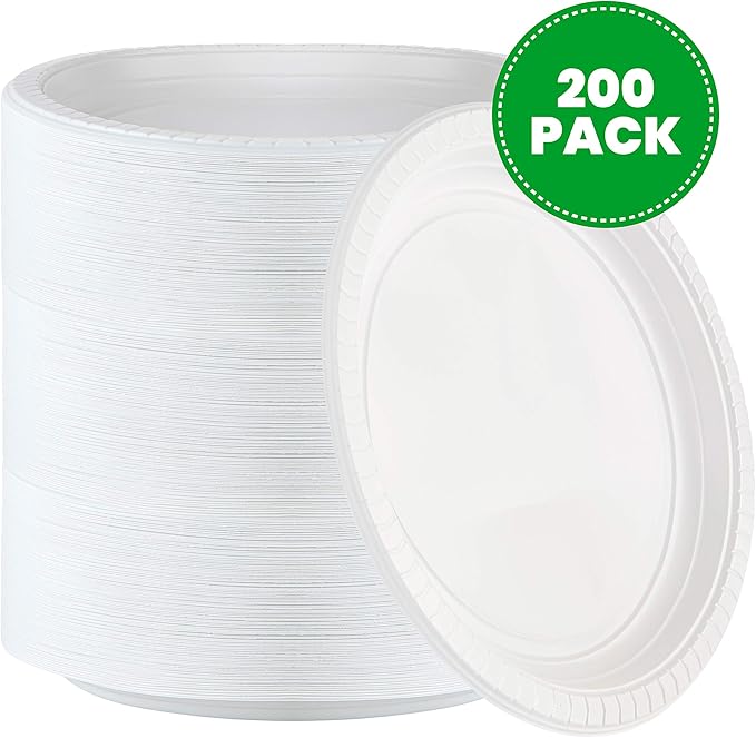 PLASTICPRO 9 inch Round Plastic Plates Microwaveable, Disposable, White, Dinnerware 200 Count