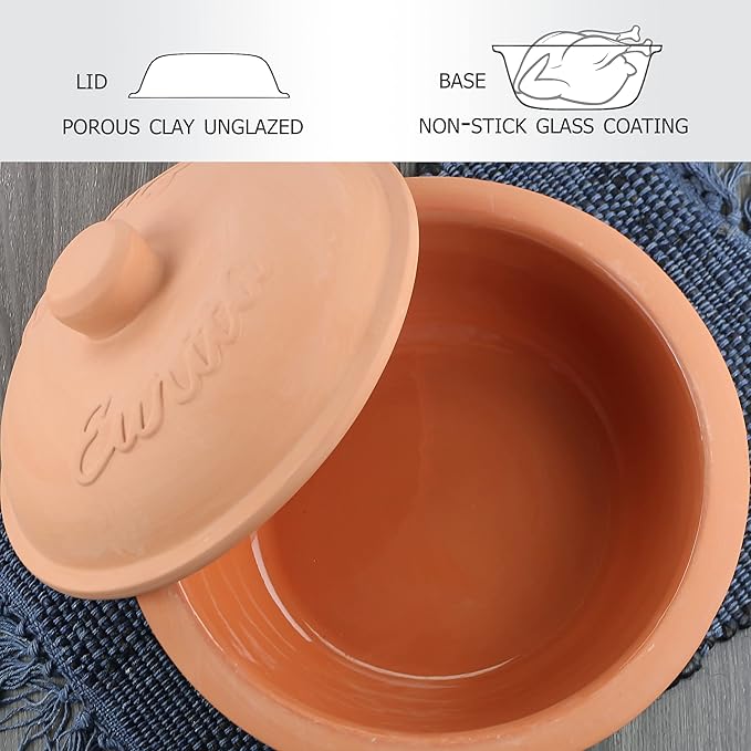 Reston Lloyd Eurita 4 Quart Terracotta Clay Non Stick Dutch Oven – Natural, Lead Cadmium‑Free, Oven & Microwave Safe, Rustic Slow-Cooker Pot Roasting & Casseroles, Healthy cooking with recipe guide