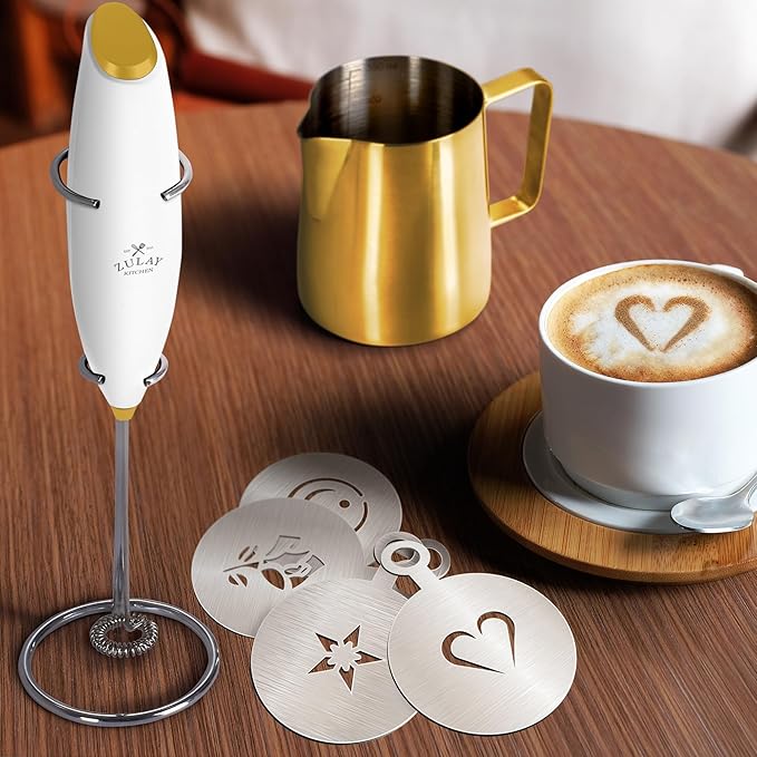 ZK Milk Frother Pitcher Stencil Stirrer Set - White Gold