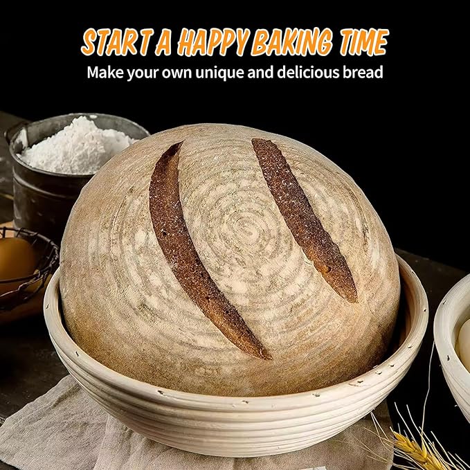 Banneton Bread Proofing Basket Set of 2, Rattan Proofing Baskets for Sourdough Bread | Banneton Bowls with Linen Liners | Natural Rattan Dough Rising Baskets for Artisan Homemade Bread Baking