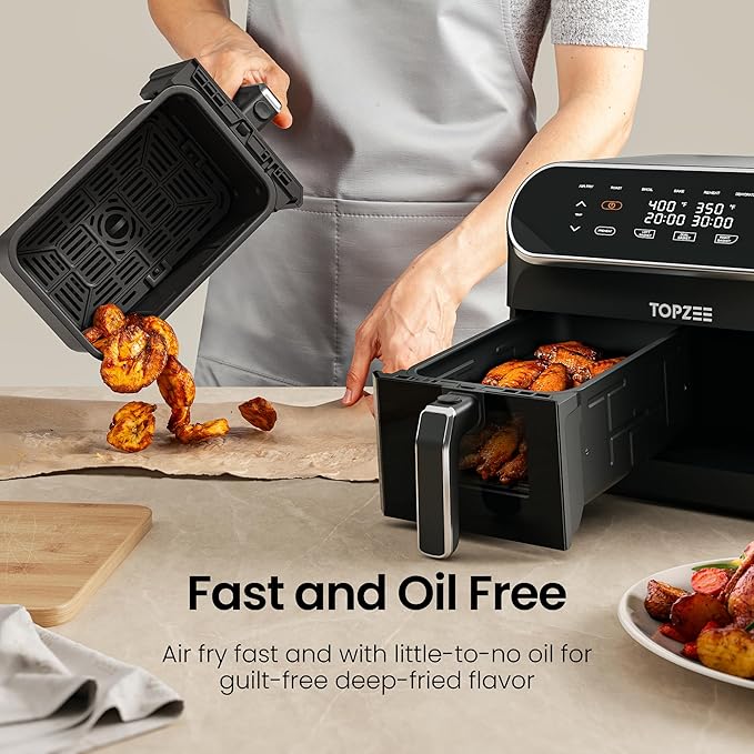 Topzee 8QT Dual Basket Air Fryer – Large Air Fryer with Independent Controls, 8 Preset Modes, Sync & Finish Together, Easy View Windows, Black