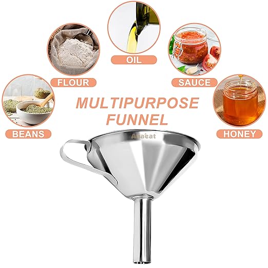 Anaeat Stainless Steel Kitchen Funnel, Multi-Use Premium Metal Food Grade Cooking Funnels with 2 Removable Strainer Filter for Transferring Liquid or Dry ingredients, Oils & 1 Pc Cleaning Brush (5.0")