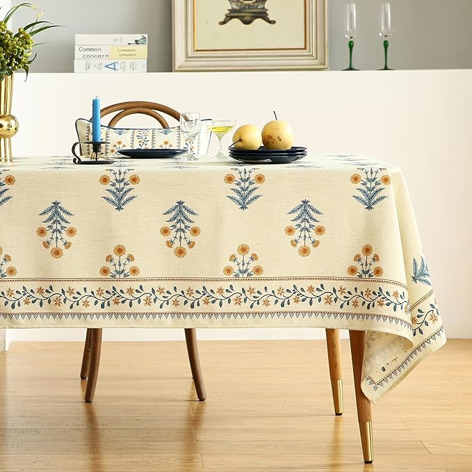 ISAENNE Designer French Pale Yellow Long Tablecloth Rectangle,Linen Floral Table Cloth,Wrinkle Resistant Decor Tablecloths for Dining Thanksgiving Banquet Kitchen Party,63"*94"-Estevan A