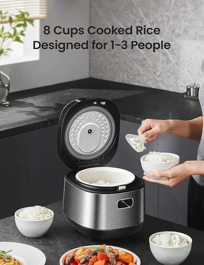 COMFEE' Compact Rice Cooker 8 Cups Cooked/4 Cups Uncooked, 9-in-1 Multi Cooker, Fast Rice Maker, Steam, Brown Rice, Grains, Fuzzy Logic Technology, Grey
