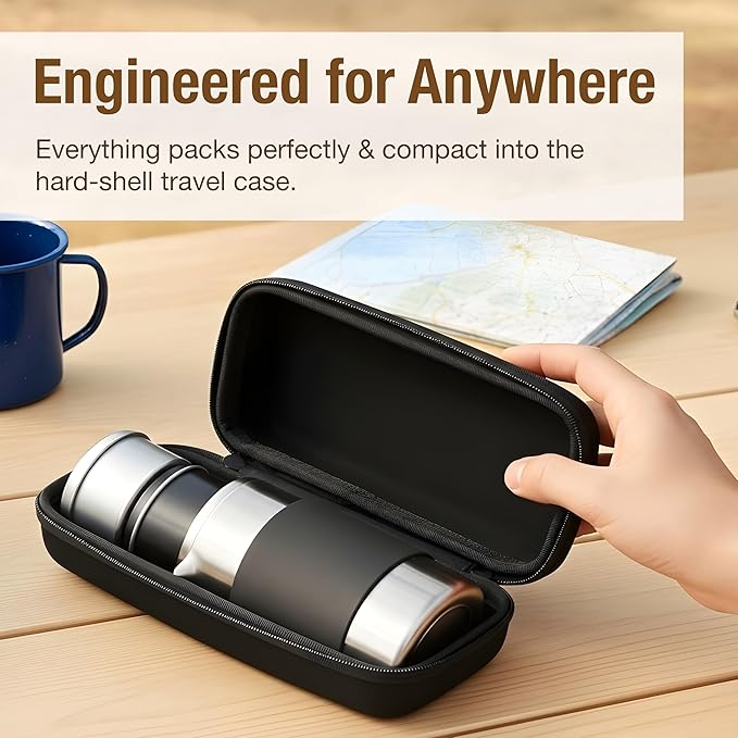Camping French Press Coffee Maker Set - 12 oz | Portable Travel French Press Coffee Maker | Double Wall Insulated with Dual Stainless Filters & 2 Steel Canisters for Grounds, Tea, Creamer & Sugar