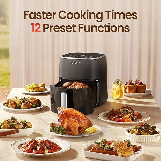 TOPZEE Air Fryer 12-in-1 with 5.5 QT Large Capacity, Compact Air Fryer, 100-400℉ Precise Heat, 360°Hot Air Circulation, 95% Less Oil, Bake, Dry, Reheat, Frozen, Broil, Proof, Black