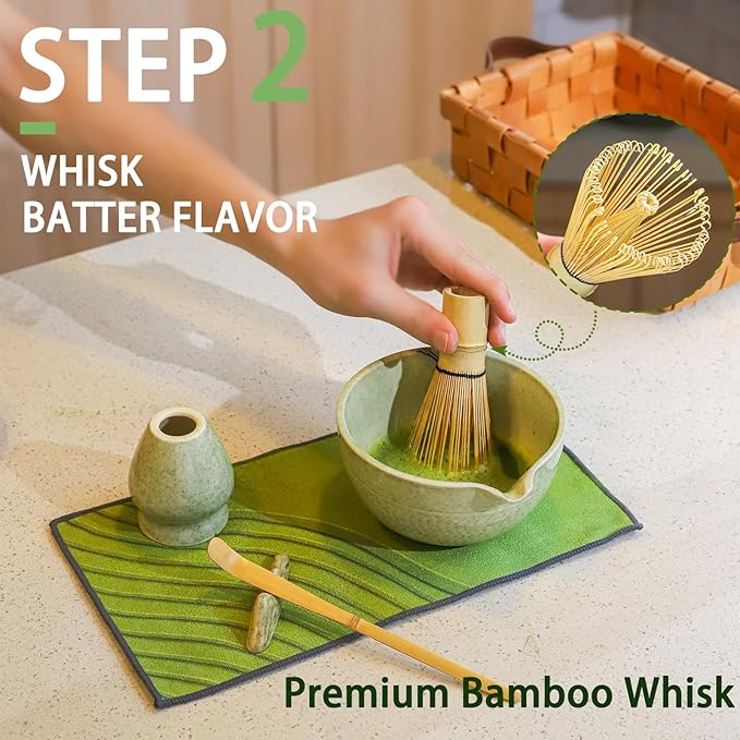 Matcha Whisk Set, 7 Pcs Matcha Set Includes Bowl, Whisk, Holder, Sifter, Bamboo Scoop, Spoon Rest and Tea Towel - Matcha Kit for Matcha Lovers (Mottled Green)