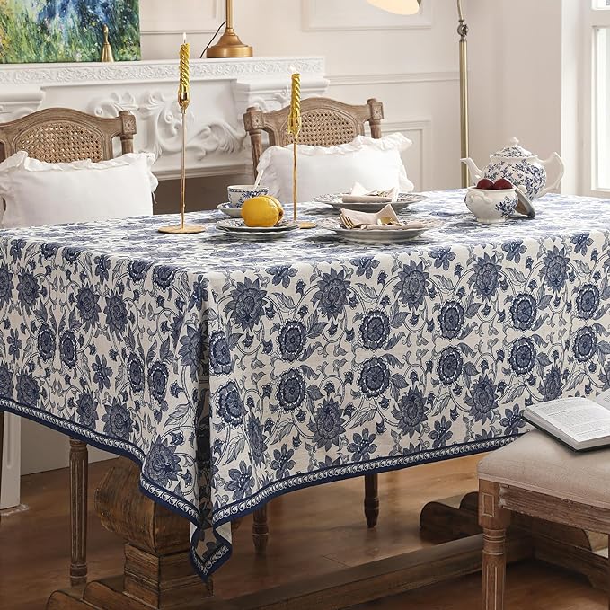 patdrea Designer Vintage Blue Long Rectangle Tablecloth,Linen Anti-Wrinkle Paisley Pattern Farmhouse Table Cloth,Decor Table Cover for Kitchen Dining,Christmas,Thanksgiving,63"x102"-Lantang a