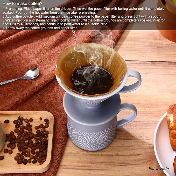 Pour Over Coffee Maker with 100 Sheets of V60 Paper Filter, 15 oz Ceramic Coffee Mug & Ceramic Coffee Dripper, 1 Cup-Single brew coffee set, Purple