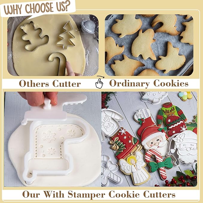Flycalf Christmas Cookie Cutters for Kids Baking, with Stamper Stencil 3D Cake Decorating Pastry Kitchen Mold Supplies, Christmas Shapes Holiday Birthday Party Biscuit Fondant Tools