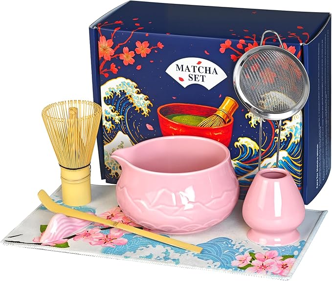 8 Pcs Matcha Whisk Set with Ceramic Bowl, Scoop Rest, Sifter, Tea Mat, Greeting Card, Whisk Holder, Bamboo Whisk and Scoop, Perfect Present for Friend Family Matcha Tea Lovers, Ceremony Kit