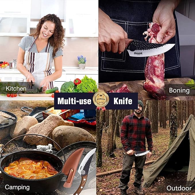 Huusk Viking Japanese Meat Cleaver, Forged Boning Knife With Sheath, High Carbon Steel Japan Butcher Fillet for Kitchen, Camping
