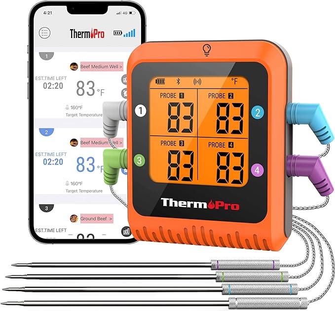 ThermoPro 650 ft Bluetooth Meat Thermometer with 4 Color-Coded Probes, Wireless Meat Thermometer Digital Wireless with Timer, Commercial Cooking Tools & Utensils Rechargeable for Smoker Oven