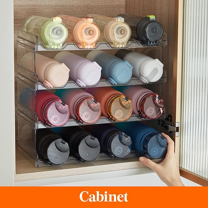 Lifewit Stackable Water Bottle Organizer for Cabinet, Plastic Bottle Holder Fits Bottles & Tumblers up to 3.8" Diameter, Pantry, Countertop & Fridge, 4 Tier Holds 16 Bottles