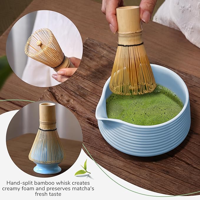 HELPLX Matcha Whisk Set 10-Piece Japanese Matcha Kit with BowlWhisk & Holder2 Tea CupsBamboo ScoopSpoonSifterScoop Rest & Tea Towel – Blue Matcha Tea Set for Ceremony or Daily Use