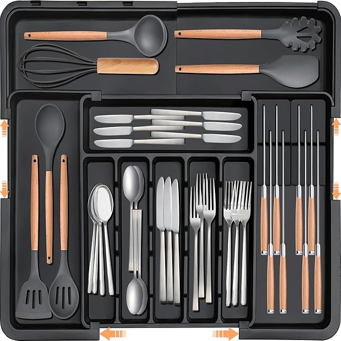 Homecor Silverware Organizer - Expandable Large Kitchen Drawer Organizer Utensil Organizer with 2 Removable Knife Blocks, 22"x 19"Cutlery Tray Drawer Dividers for Kitchen Flatware(6-9 Slots) (Black)