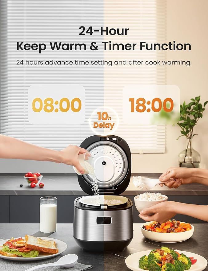 COMFEE' Compact Rice Cooker 8 Cups Cooked/4 Cups Uncooked, 9-in-1 Multi Cooker, Fast Rice Maker, Steam, Brown Rice, Grains, Fuzzy Logic Technology, Grey