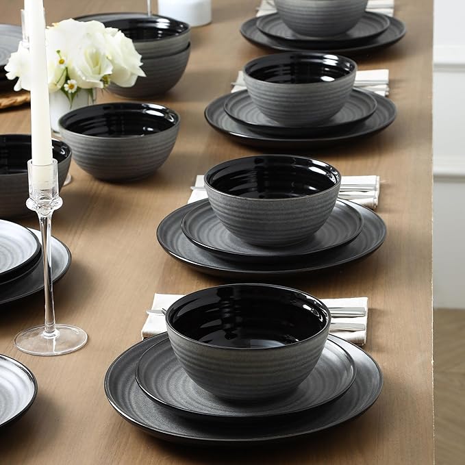 Stone Lain Dua 24-Piece Dinnerware - Stoneware, Plate and Bowls, Dishwasher and Microwave Safe, Dish Set for 8, Black