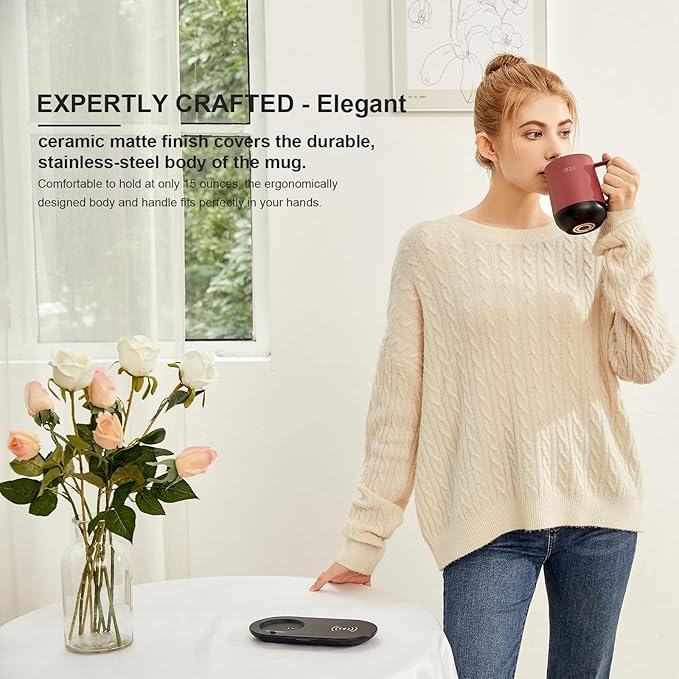 Temperature Control Smart Mug, Self Heating Coffee Mug LED Display, 180 Min Battery Life - Hot up to 149℉ Fast Wireless Charger Base Improved Design coffee serving sets(12oz, Dusty Rose)
